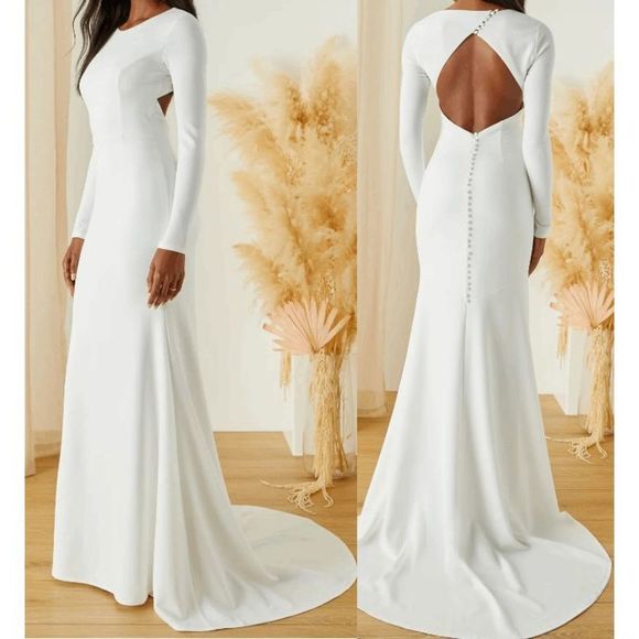 Lulus Dresses & Skirts - Lulus White Long Sleeve Backless Mermaid Maxi Formal Wedding Dress XS